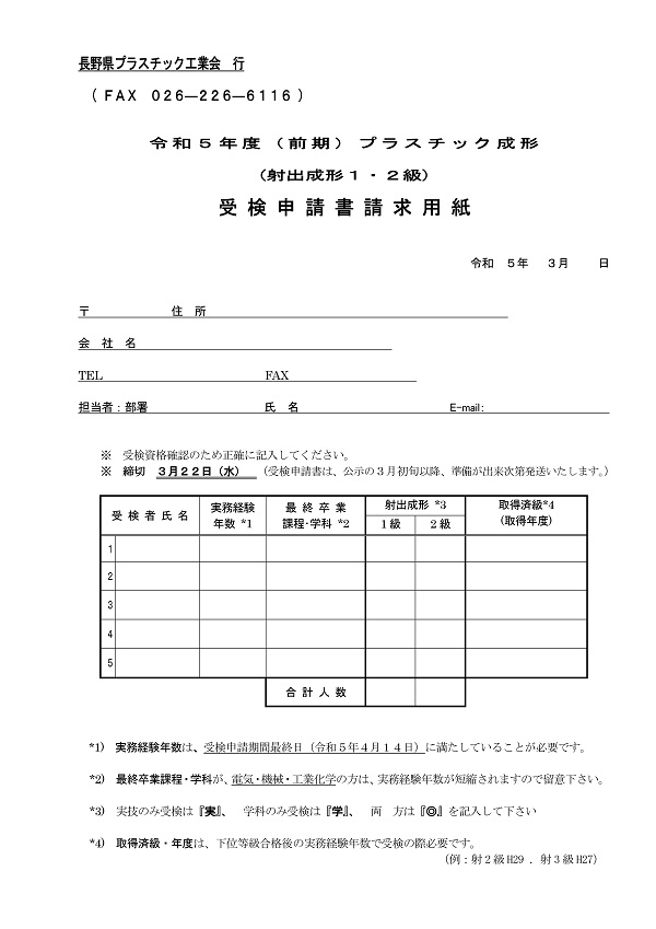 令和５年度（前期）プラスチック成形　射出成形１・２級　長野県　受験申請書